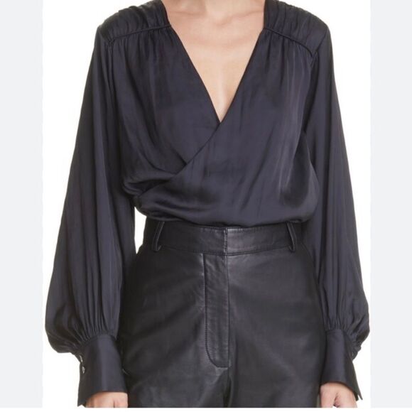 FRAME NWT Crossover V-Neck Balloon Sleeve Satin Top Blouse Black Size Small $398 - Picture 1 of 11